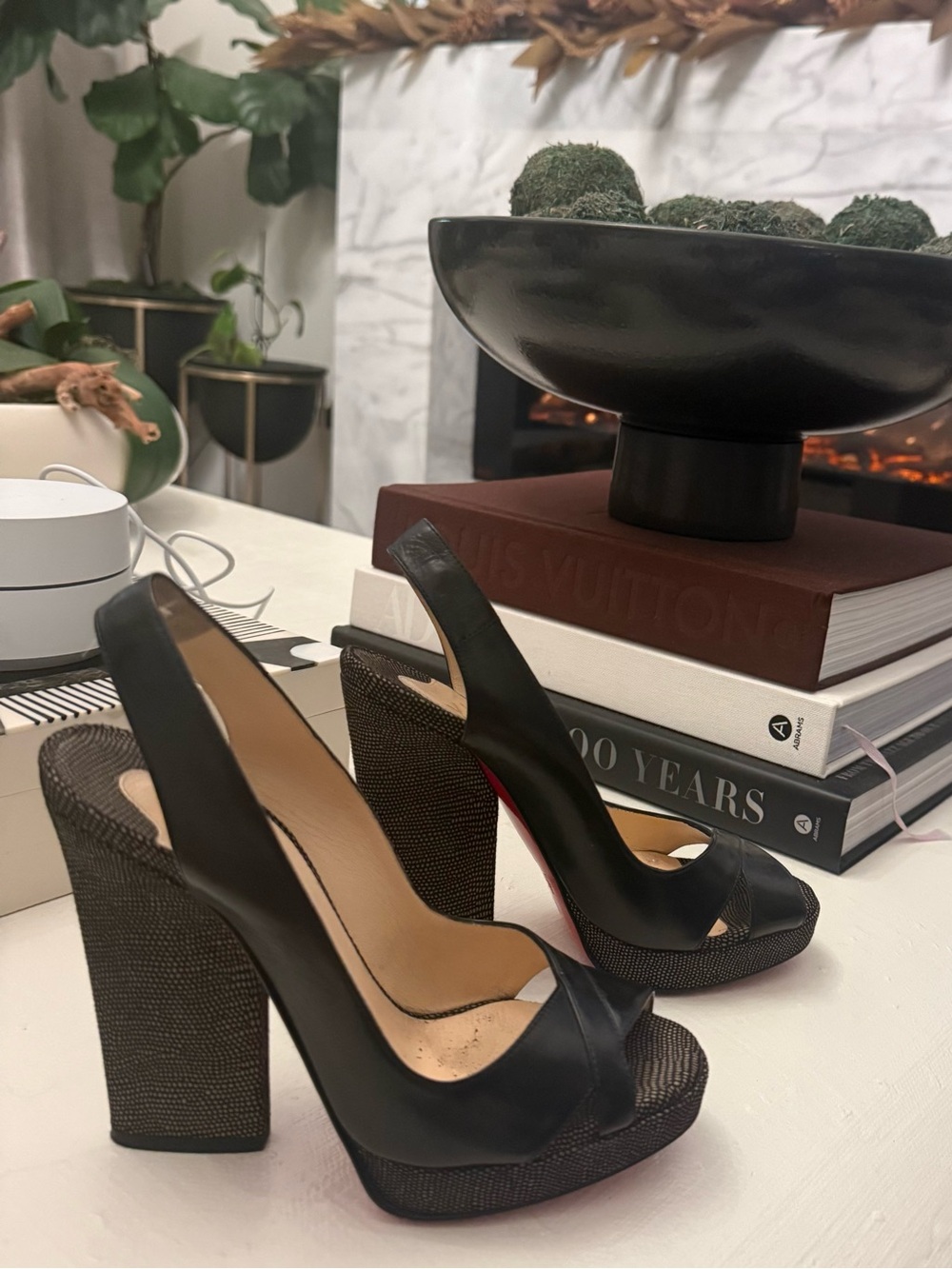 Christian Louboutin Black Peep-Toe Slingback Platform Heels with Red Sole